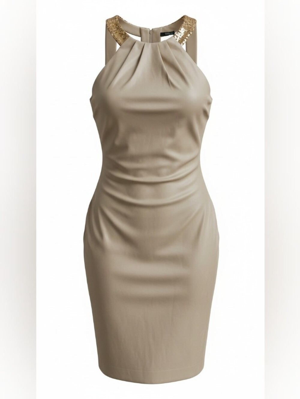 Calvin Klein Strapless Beige Satin Midi Dress W Gold Straps SZ 2